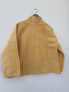 Unisex Yellow Buti Handmade Cotton Jacket Winter <b>Coat</b> Quilted Kantha Open Front Kimono Printed Fabric Knitted Techniques Pocket - Product Image 6