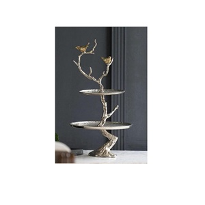 Plateau en aluminium à 2 niveaux avec feuilles, Design plaqué or pour support de gâteau décoratif de mariage d'hôtel au prix de gros - Product Image 6