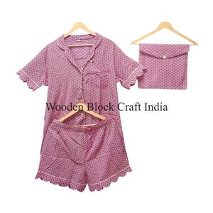 Conjunto de Pijama Corto de Verano para Mujer, Ropa de Dormir de Algodón Estampada a Mano, Ropa de Dormir Suave con Detalles Hechos a Mano para Mujer - Product Image 6