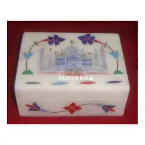 Trending Design And Pure White Marble Inlaid Taj Mahal Design Boxes With Fine Finishing And Glossy Surface For Home Decoration