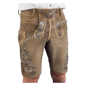 ผู้ชายคุณภาพสูง Lederhosen สั้น Cowhide หนังนิ่มด้านหน้าปักปุ่มปิดด้านข้างและกระเป๋าด้านหลังพร้อมห่วงเข็มขัด - Product Image 1