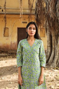 <b>Japanese</b> Lotus Wrap Dress Hand Block <b>Printed</b> Bohemian Green Blue Floral Pure Cotton Casual Occasional Adjustable Waist - Product Image 4