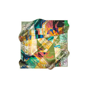 <b>Green</b> <b>Silk</b> Crepe Satin Square Pattern Scarf - Product Image 1