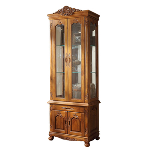 Armoire haute en teck sculptée à la main rangement luxueux romantique européen 4 portes 1 tiroir avec sculpture de raisins salon - Product Image 1