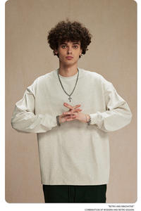 T-shirt lourd 100% coton Streetwear manches longues hommes surdimensionné uni teint blanc solide T-shirt pour hommes - Product Image 4