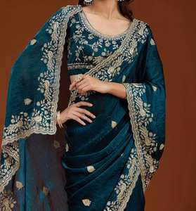 Sari de Chifón Fendy Premium con Bordado de Pavo Real con Lentejuelas y Borde Calado - Product Image 2