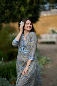 Robe Islanna Imprimée à la Main, Bohème, Pur Coton, Décontractée, Occasionnelle, Vacances, Été, Gris Bleu, Fabrication Artisanale, Mode Éthique - Product Image 2