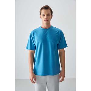 T-shirt basique pour homme Air Jones, coupe ample, mélange de coton épais texturé, bleu pétrole, style décontracté - Product Image 1