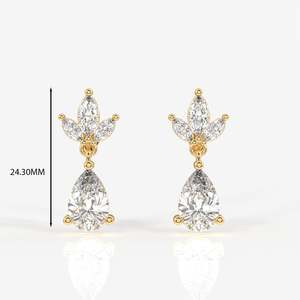 9K Gold Drop <b>Earrings</b> with Pear Cut Lab Grown Diamond Floral Flower Drop Design for Wedding - Product Image 2