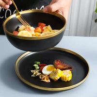 Ensemble de repas pour 2/4/6/8 personnes, vaisselle en céramique écologique sans BPA, noir mat avec bordure dorée, avec coffret cadeau exquis