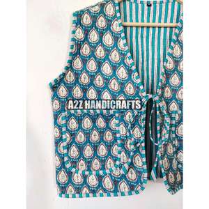 Chaleco a Rayas Acolchado de Algodón Hecho a Mano, Chaqueta Corta para Mujer, Estilo Bohemio, Estampado de Bloque, Cuello en V, Prendas de Vestir Exteriores sin Mangas, Cinturón con Logotipo Vintage - Product Image 6