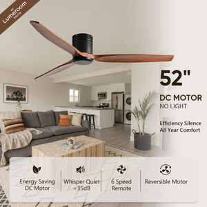52 Inch Low Profile <b>Ceiling</b> <b>Fan</b> No Light with <b>Remote</b> <b>Control</b> 3 Solid Wood Blades Reversible DC Motor for Living Room - Product Image 1