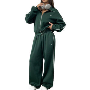 Women Activewear Tracksuit Zip Jacket with Contrast Piping Pants Relaxed Fit <b>Athletic</b> Sportswear bulk manufacturing - Product Image 1