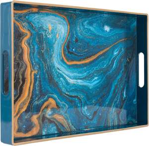 Plateau de service en bois émaillé, design créatif en métal, motif marbre bleu élégant, avec poignées, pour le petit-déjeuner, les collations et la décoration intérieure - Product Image 1