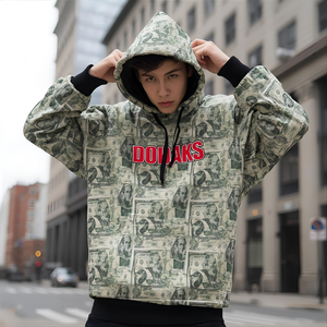Sweat à capuche en polaire brodé avec motif Dollars imprimé pour l'hiver |   Pull à thème monétaire pour hommes et femmes avec commandes de designs personnalisés - Product Image 1
