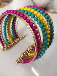 Green Handmade Seed Beads Hoop <b>Earrings</b> for Unisex Gold Plated Anniversary Jewelry - Product Image 5