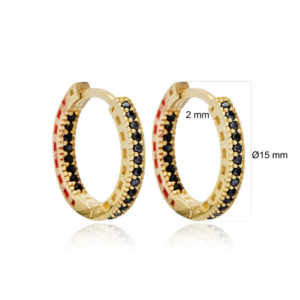 Boucles d'oreilles créoles élégantes en argent sterling 925 plaqué or avec zircon noir 15 mm et émail rouge pour soirée - Product Image 3