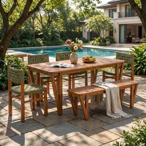 Outdoor Wooden Dining <b>Table</b> Woven <b>Chairs</b> <b>Bench</b> Patio Garden Poolside Furniture - Product Image 1