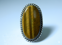 Bague artisanale en laiton plaqué argent avec pierre naturelle œil de tigre ovale, bijou bohème unique pour mariage et soirée, pour hommes et femmes
