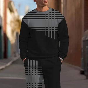 Conjunto informal de 2 piezas para hombre, Sudadera con cuello redondo y pantalones deportivos con estampado de rayas, tejido de punto de algodón 100% - Product Image 2