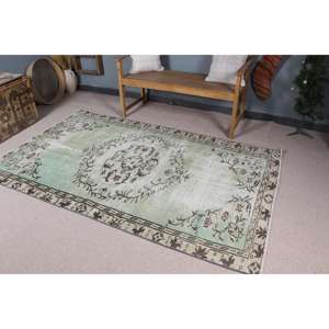 4.5x7.5 ft Vintage Rug, Turkish Area Rug, Green <b>Brown</b> Floral Rug - Product Image 1