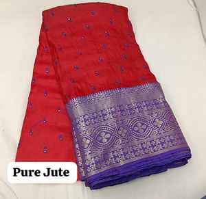 Pure Jute Fabric Premium Pure Jute <b>Silk</b> Saree inRed ContrastPurple Zari BorderAll-Over Floral Buttis Designer <b>Red</b> PureJute Saree - Product Image 2