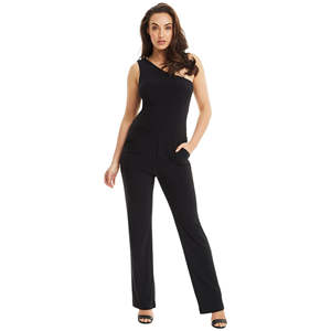 Traje de Pantalón Elegante para Mujer, de un Solo Hombro, Corte Regular, con Bolsillos, en Negro - Product Image 1