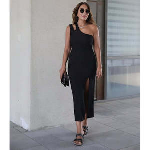 Robe en viscose à deux fils pour femme, sans manches, asymétrique à une épaule avec détail tombant, 35077 - Noir - Product Image 1