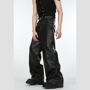 Pantalon large pour homme en PU noir, taille haute, avec ceinture, style streetwear décontracté - Product Image 4