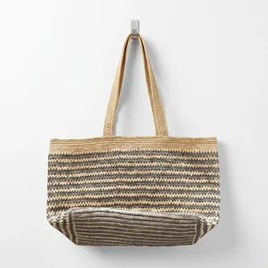 Striped <b>Raffia</b> Woven Bohemian Style <b>Tote</b> Bag Large Capacity Portable Shoulder Handbag with Zipper Closure for Beach Travel Women - Product Image 3