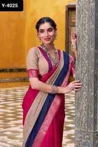 Vêtements ethniques indiens en poly coton avec imprimé avec le tissage Zari Weaving Work Wedding and Festival Wear Saree Collections pour femmes Wear - Product Image 5