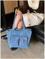Bolso Tote de Mezclilla Personalizado, Bolso de Hombro de Lona de Gran Capacidad, Bolso Casual Azul Lavado para Mujer, OEM ODM con Logotipo Personalizado