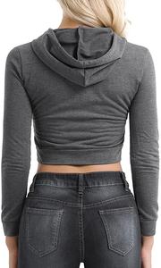 Sudadera corta con capucha para mujer, de manga larga, con cremallera, con bolsillos y cordón ajustable - Product Image 2