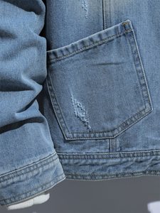 Customizable Vintage Streetwear <b>Men's</b> Cropped Sherpa Jean Jacket <b>Studded</b> Ripped Denim Coat Other Fabric OEM Service Available - Product Image 3