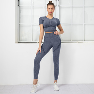 Sujetador deportivo y leggings de 5 piezas al por mayor, conjuntos de fitness sin costuras, ropa deportiva personalizada, conjunto de legging acanalado para mujer - Product Image 6