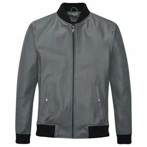Chaqueta con Cremallera para Hombre, Chaqueta Bomber de Cuero Gris Clásica y Ligera con Cuello, Puños y Dobladillo Acanalados para Uso Casual - Product Image 1