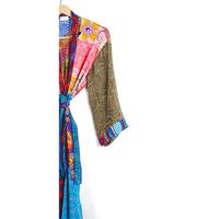 Robe Kimono Bohème en Soie Patchwork Faite Main Indienne pour Femme – Élégante Tenue de Plage et de Nuit à Taille Élastique, Col en V Floral pour l'Été