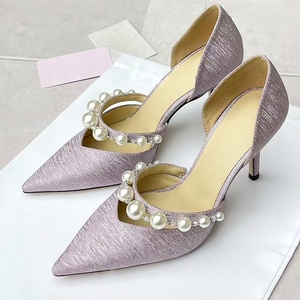 Zapatos de tacón alto con correa de perlas a la moda para mujer, sandalias de tacón de aguja, zapatos planos con punta en pico, novedad de verano. - Product Image 1