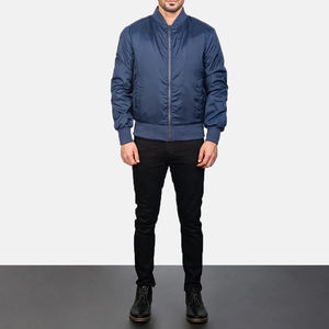 Venta al por mayor de invierno azul de satén Stand Collar Bomber Varsity Jacket para Unisex con bolsillos funcionales - Product Image 3