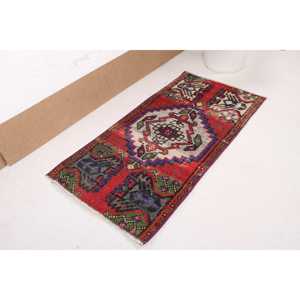 1.6x3.2 ft Vintage Small Turkish Moroccan <b>Wool</b> Rug <b>Red</b> Blue Patchwork Design Eco-Friendly Latex Backing - Product Image 4