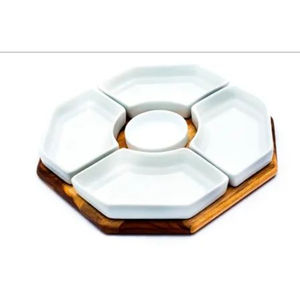 Vintage Solid <b>White</b> Eco-Friendly Metal <b>Wood</b> Plate Dish Chip and Dip Serving Set with Rotating Natural Bamboo <b>Tray</b> Parties Snacks - Product Image 1