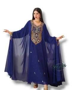 Kaftan Dubaï à manches longues en mousseline de soie, broderie de cristaux, sequins, simple, sobre, modeste, 100% polyester, longueur au sol, coupe trapèze - Product Image 2