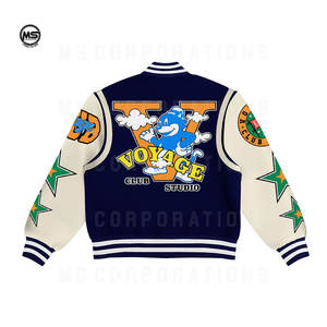 Chaqueta universitaria de béisbol para hombre con logotipo personalizado, Mangas de cuero negro y cuello alto bordado para parejas y Letterman - Product Image 2