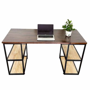 BD68091 <b>Foldable</b> Computer <b>Table</b> with Wooden <b>Legs</b> and Iron Frame Desk with Bookshelf and Storage for Office Use 140x60x75cm - Product Image 1