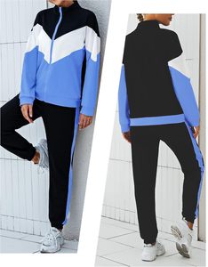 Ensemble de survêtement bleu pour femme, 2 pièces, tenue de jogging à manches longues, fermeture éclair, ensemble de jogging décontracté avec poche - Product Image 3