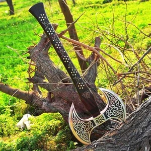 Đa Mục Đích Tay Cầm Bằng Gỗ Damascus Thép Trục Với Trường Hợp Da Cao Cấp Chất Lượng Ngoài Trời Săn Bắn Hai Đầu Trục - Product Image 3