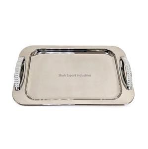 Plateau de service en métal de qualité commerciale fait à la main de haute qualité plaqué or bordure en relief poignées maison Table à manger nourriture Dessert - Product Image 6