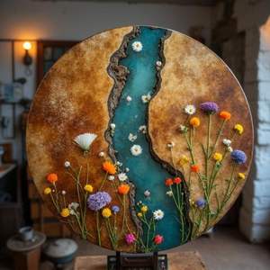 Table à manger/table basse en bois d'acacia et résine, fabrication artisanale moderne, imperméable, personnalisable, table de salon, retraite, Diwali - Product Image 4