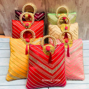 Designer Luxury Raw Silk Gota Patti Lace <b>Work</b> Wrist Handle Rectangle Handbags Beautiful Zari <b>Work</b> Hand <b>Bags</b> for Wedding Decor - Product Image 1