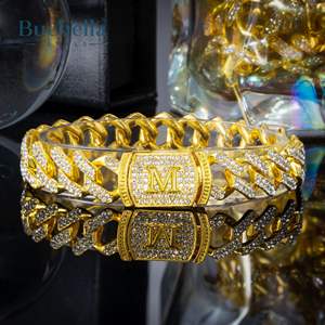 12mm 18k Gold Plated round Diamond Initial Letter Iced Prong Cuban Bracelet Hip Hop Jewelry <b>for</b> <b>Men</b> - Product Image 3